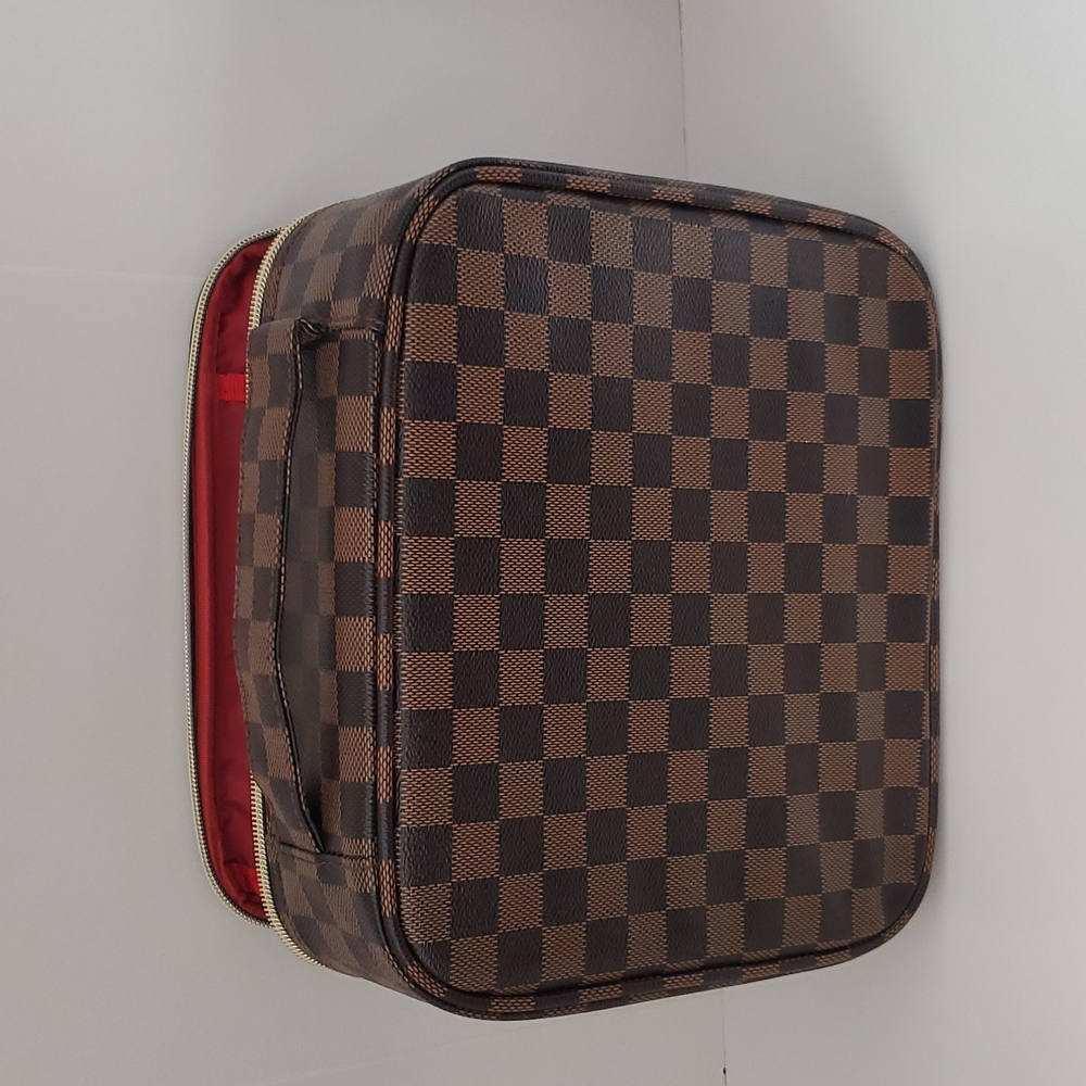 Brown Checkered Makeup Bag NWOT Adjustable Compartment - Picture 6 of 16